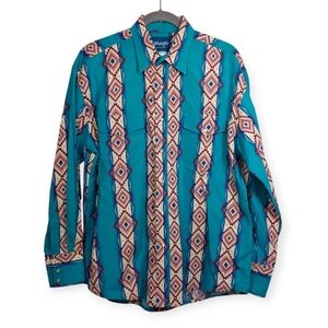 Vintage Wrangler Aztec Stripe Western Shirt XL Snaps Cowboy Rodeo Ranchwear